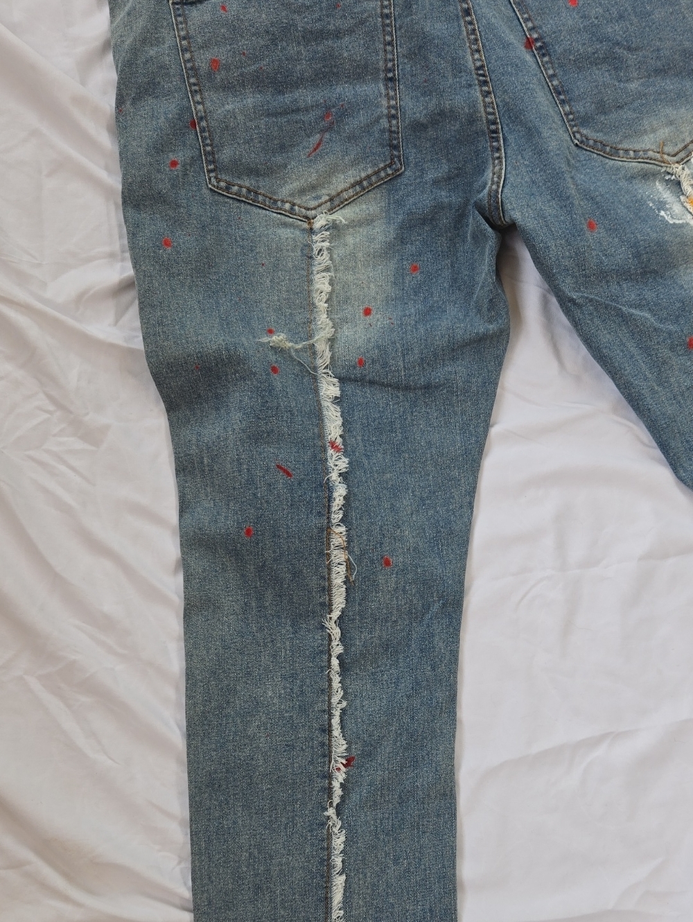 Men's Jeans Paint Splatters & Marks On Front And Back With Slight Fringe On Legs - Picture 10 of 13